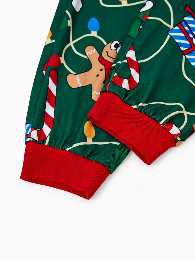 Ensemble pyjama de Noël assorti pour toute la famille, motif pain d'épices et sapin de Noël, vert et blanc, avec chaussettes de Noël vert foncé