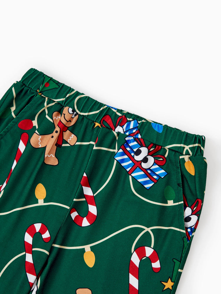 Ensemble pyjama de Noël assorti pour toute la famille, motif pain d'épices et sapin de Noël, vert et blanc, avec chaussettes de Noël vert foncé