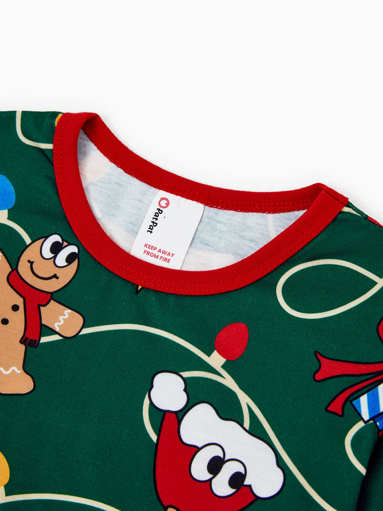 Ensemble pyjama de Noël assorti pour toute la famille, motif pain d'épices et sapin de Noël, vert et blanc, avec chaussettes de Noël vert foncé