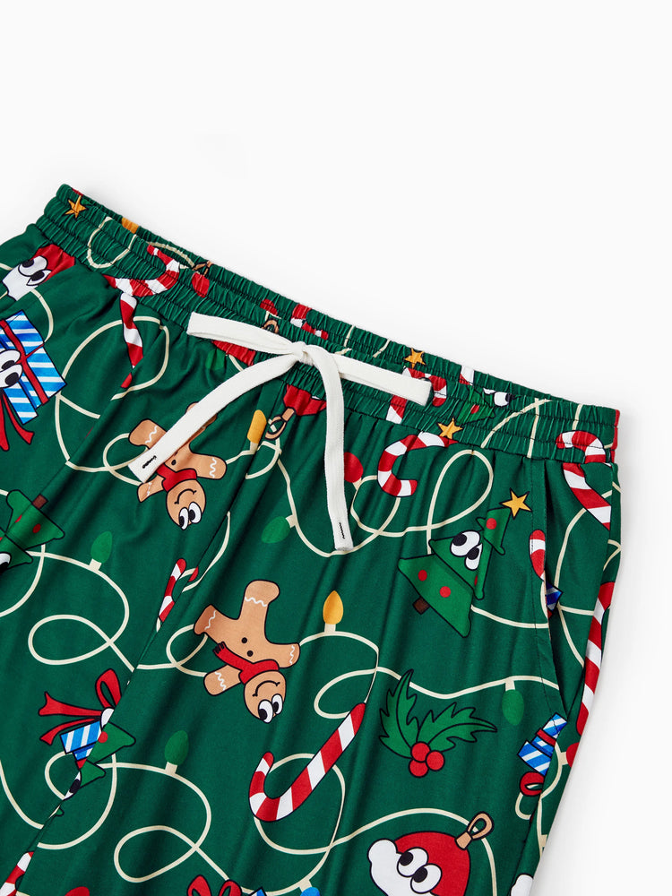 Ensemble pyjama de Noël assorti pour toute la famille, motif pain d'épices et sapin de Noël, vert et blanc, avec chaussettes de Noël vert foncé