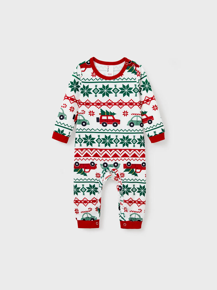 Ensemble pyjama de Noël assorti pour toute la famille, imprimé flocon de neige et voiture, avec chaussettes de Noël rouges