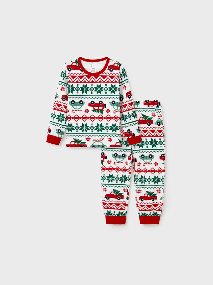 Ensemble pyjama de Noël assorti pour toute la famille, imprimé flocon de neige et voiture, avec chaussettes de Noël rouges