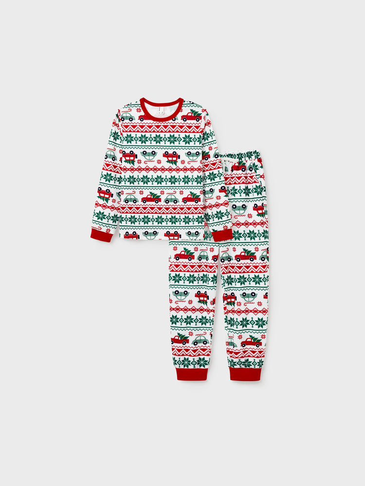 Ensemble pyjama de Noël assorti pour toute la famille, imprimé flocon de neige et voiture, avec chaussettes de Noël rouges