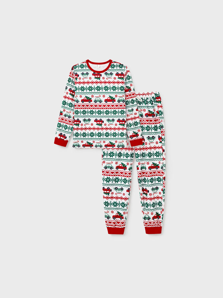 Ensemble pyjama de Noël assorti pour toute la famille, imprimé flocon de neige et voiture, avec chaussettes de Noël rouges