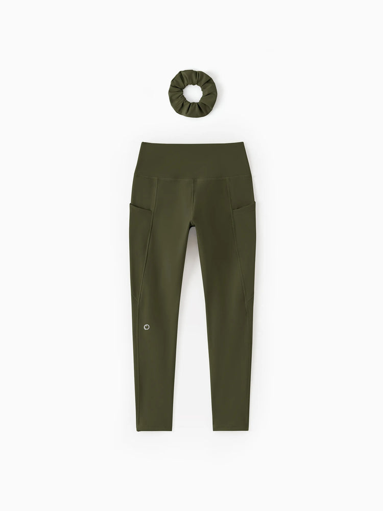 Girl's Leggings High-Waist Yoga Pants Solid Color Leggings with Complimentary Matching Scrunchie Army green