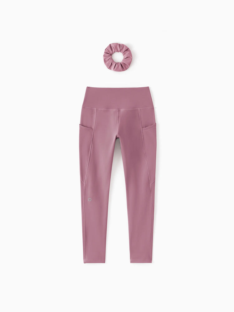 Leggings de yoga taille haute pour fille, couleur unie, avec chouchou assorti offert, violet