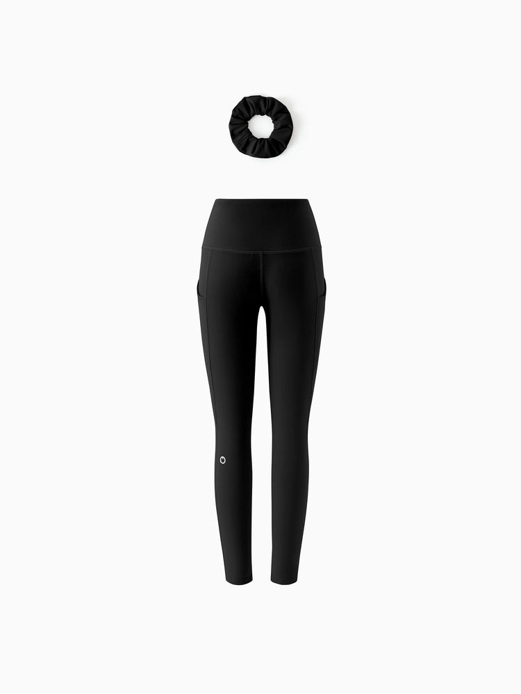 Leggings de yoga taille haute pour fille, couleur unie, avec chouchou assorti offert, noir