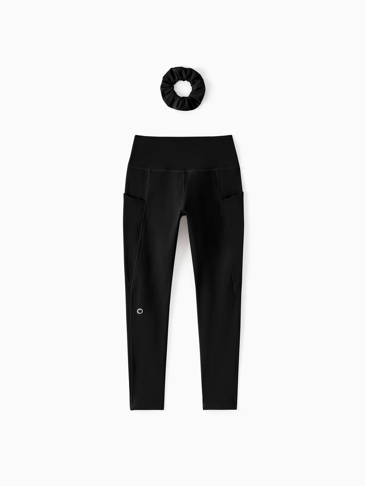 Leggings de yoga taille haute pour fille, couleur unie, avec chouchou assorti offert, noir