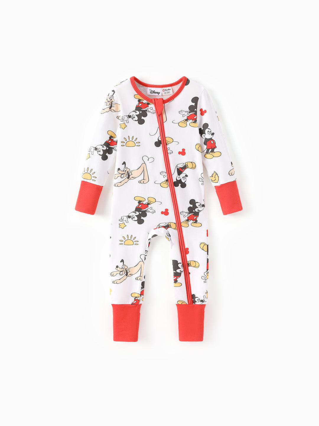 Disney Mickey and Friends Baby Boy Organic Cotton Colorblock Ribbed Cuffs Jumpsuit Pink Red