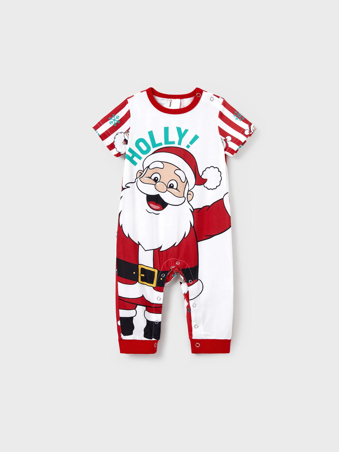 Conjunto de pijama familiar navideño a juego con Papá Noel y copos de nieve, rayas rojas, pijama rojo