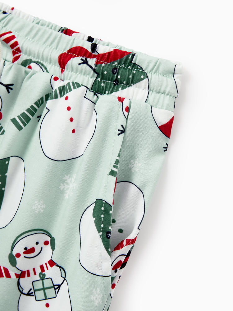 Christmas Matching Family Pajamas Set Christmas Snowman Print PJS with Christmas Socks Mint Green
