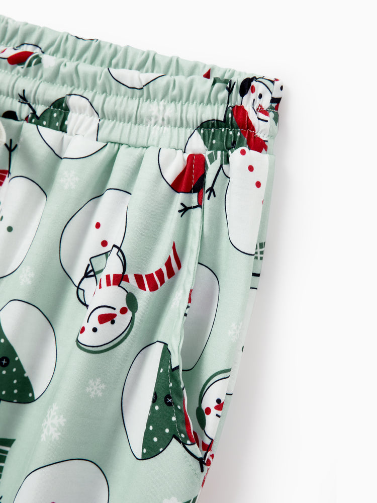 Christmas Matching Family Pajamas Set Christmas Snowman Print PJS with Christmas Socks Mint Green