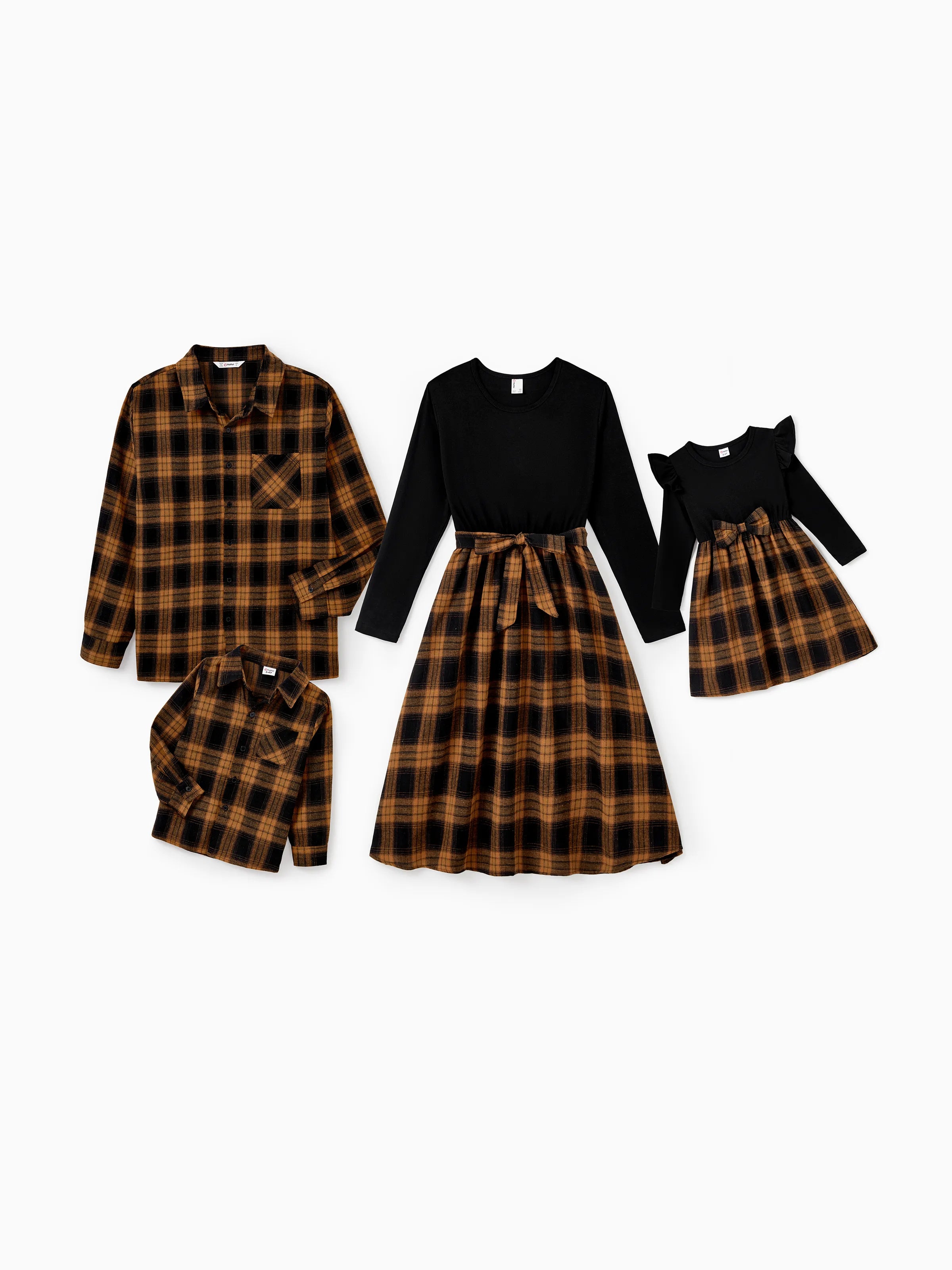 Matching Family Outfits Set Dad/Son Plaid Shirts or Mom/Daughter Long-sleeve Dresses Brown
