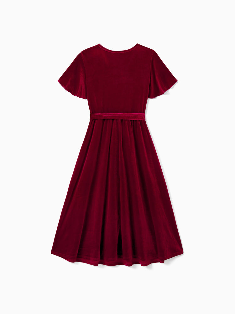 Ensembles familiaux assortis Sweat-shirt à manches longues à carreaux noir et blanc ou robe ceinturée à manches courtes en velours bordeaux