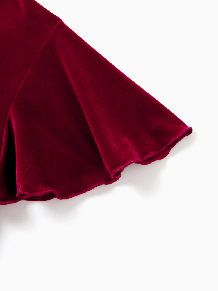 Ensembles familiaux assortis Sweat-shirt à manches longues à carreaux noir et blanc ou robe ceinturée à manches courtes en velours bordeaux