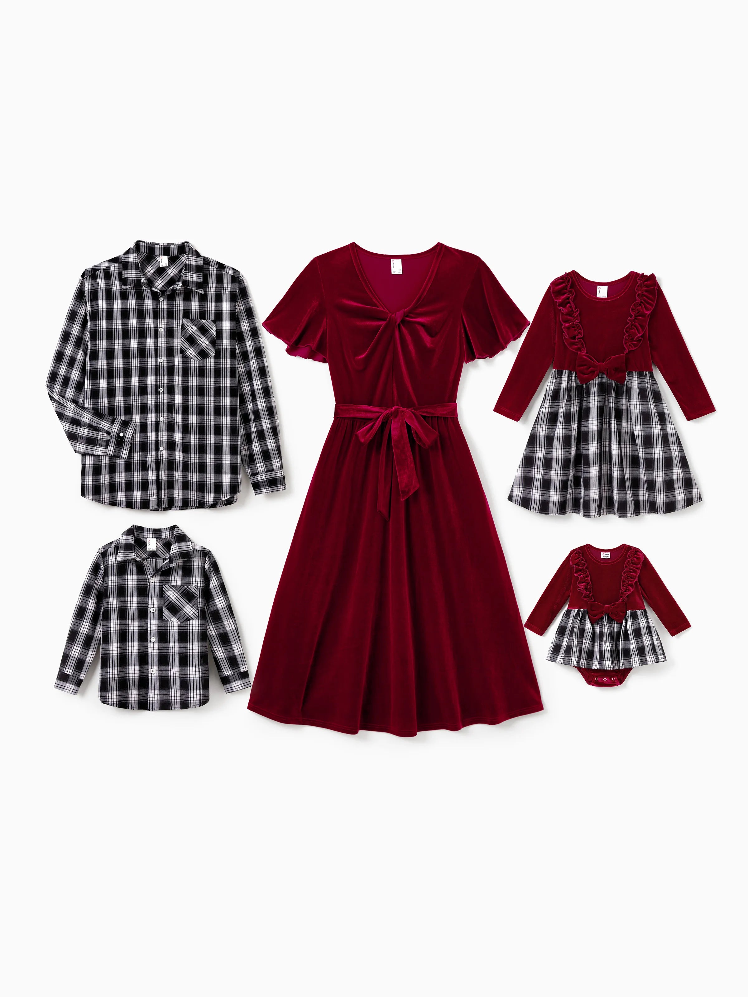Family Matching Sets Long Sleeves Black and White Plaid Sweatshirt or Velvet Short-sleeve Belted Dress Burgundy Family Matching Sets Long Sleeves Black and White Plaid Sweatshirt or Velvet Short-sleeve Belted Dress Burgundy