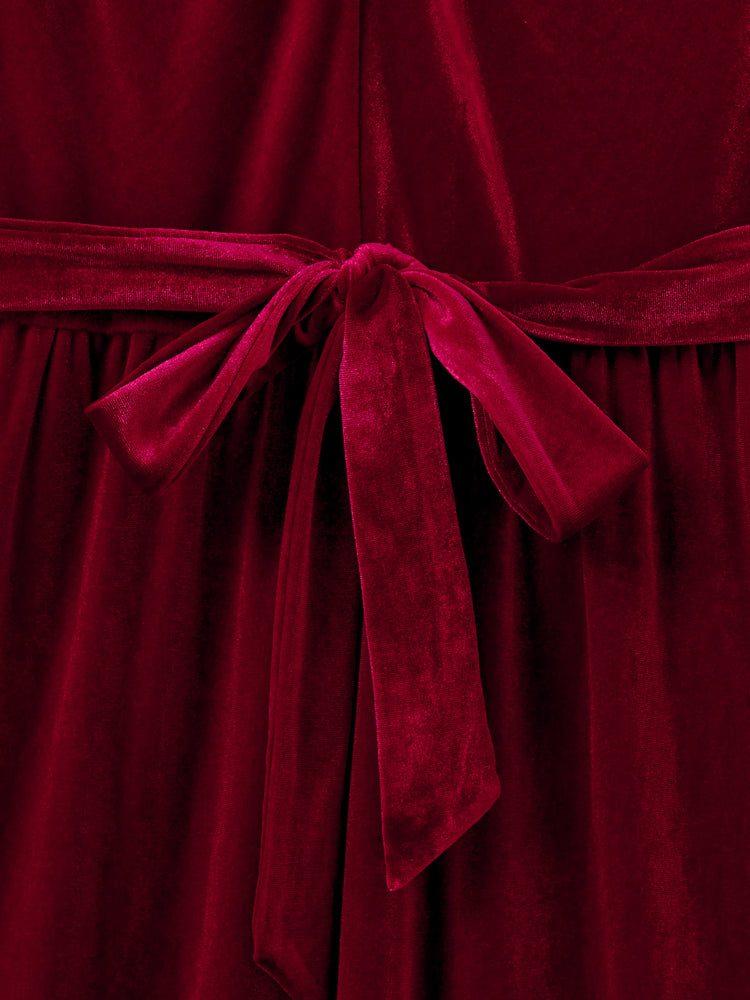 Ensembles familiaux assortis Sweat-shirt à manches longues à carreaux noir et blanc ou robe ceinturée à manches courtes en velours bordeaux