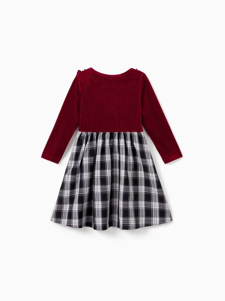 Ensembles familiaux assortis Sweat-shirt à manches longues à carreaux noir et blanc ou robe ceinturée à manches courtes en velours bordeaux