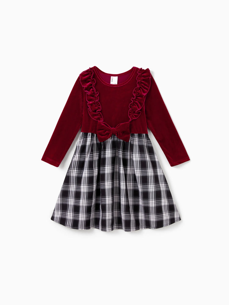 Ensembles familiaux assortis Sweat-shirt à manches longues à carreaux noir et blanc ou robe ceinturée à manches courtes en velours bordeaux