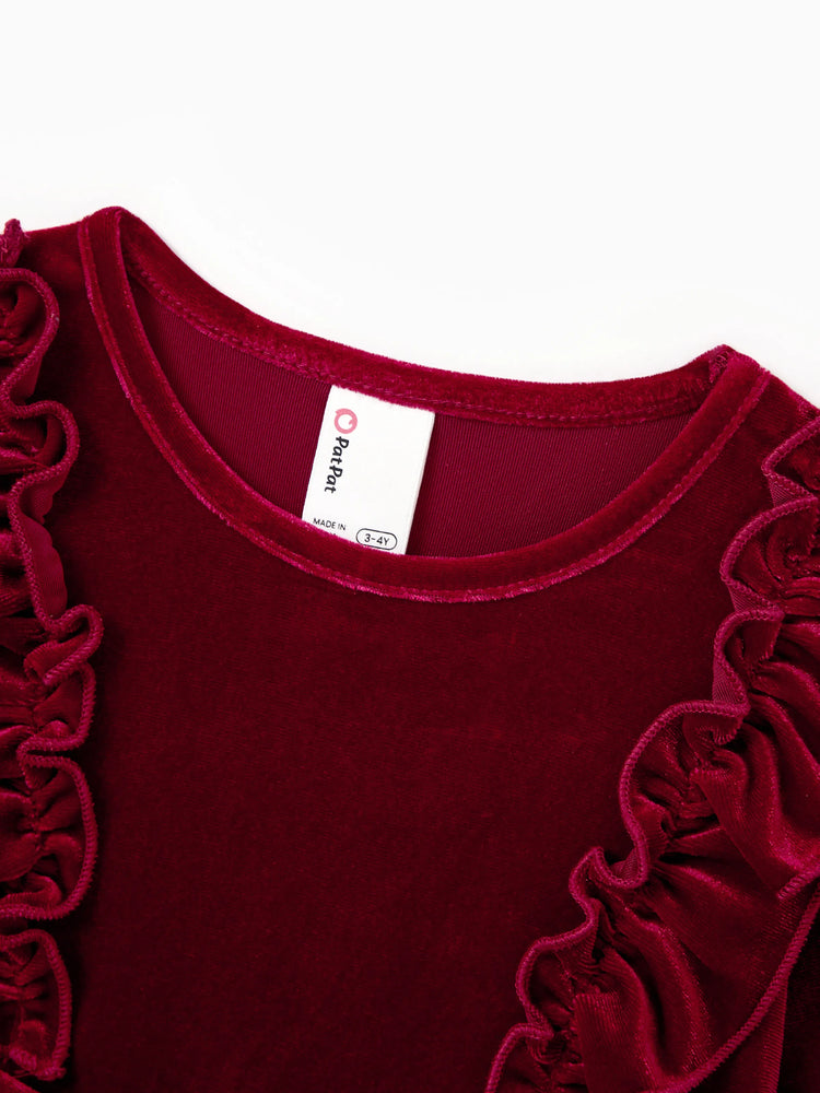 Ensembles familiaux assortis Sweat-shirt à manches longues à carreaux noir et blanc ou robe ceinturée à manches courtes en velours bordeaux