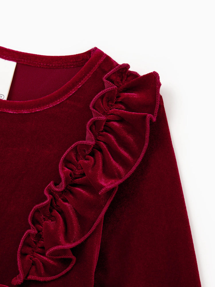 Ensembles familiaux assortis Sweat-shirt à manches longues à carreaux noir et blanc ou robe ceinturée à manches courtes en velours bordeaux