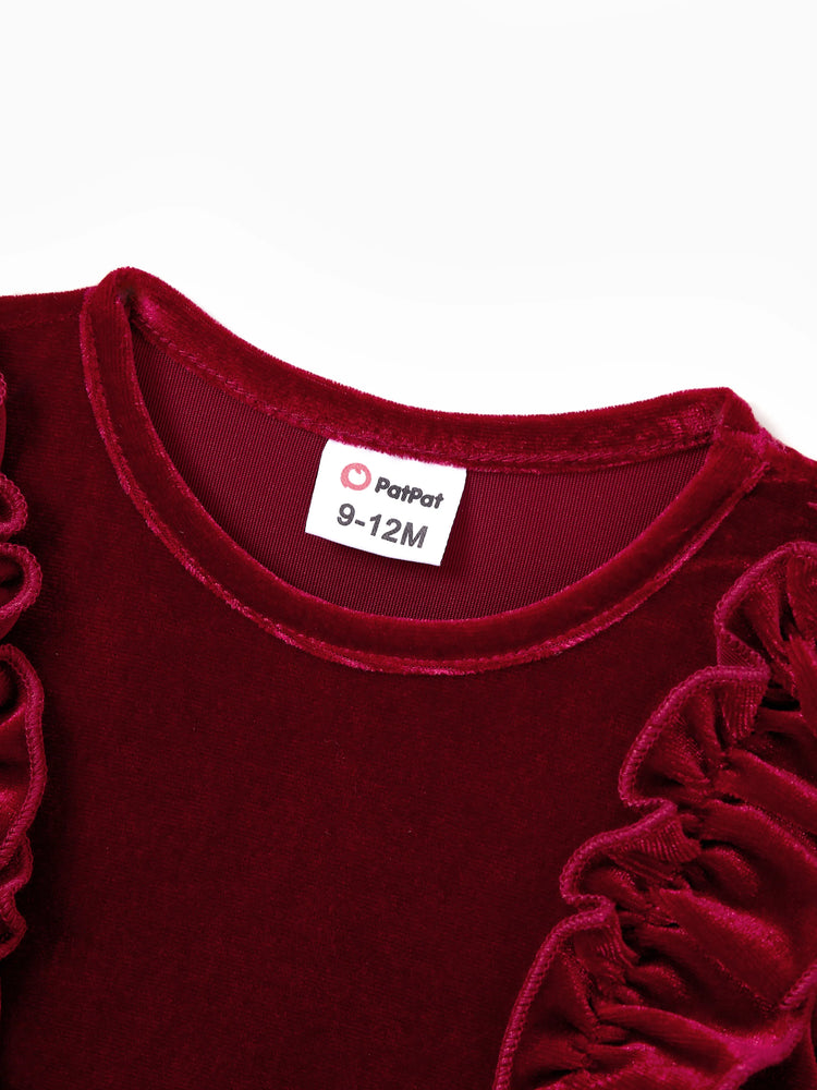 Ensembles familiaux assortis Sweat-shirt à manches longues à carreaux noir et blanc ou robe ceinturée à manches courtes en velours bordeaux