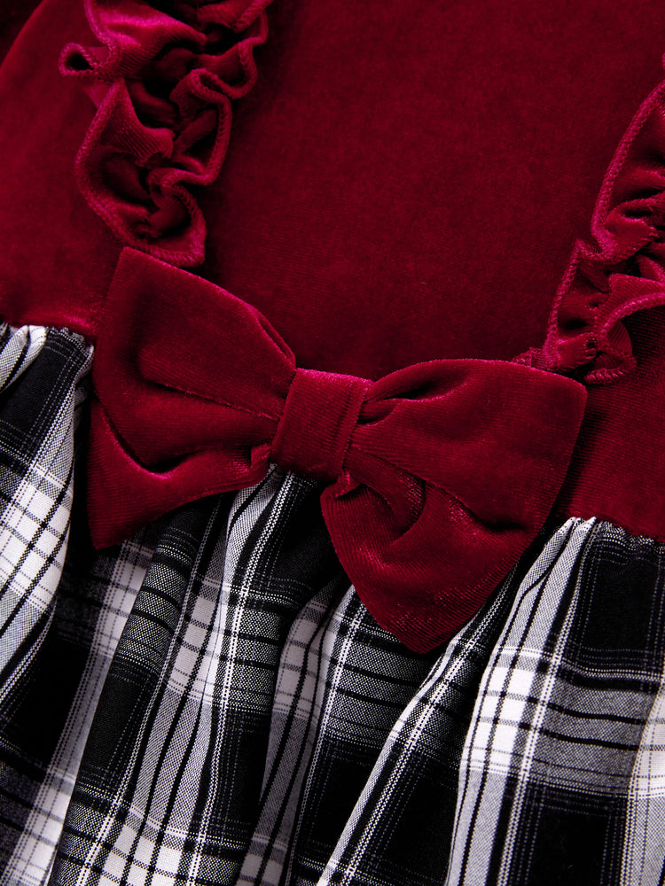 Ensembles familiaux assortis Sweat-shirt à manches longues à carreaux noir et blanc ou robe ceinturée à manches courtes en velours bordeaux