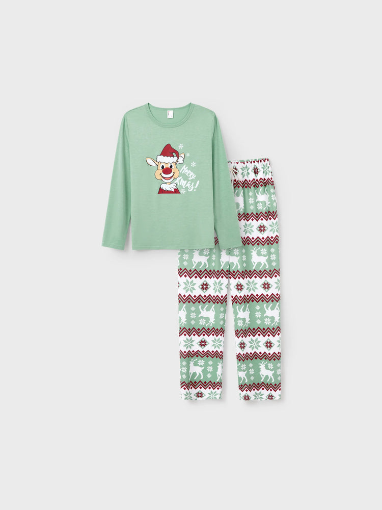 Ensemble pyjama de Noël assorti pour toute la famille, imprimé esprit de Noël et flocons de neige, avec chaussettes de Noël, vert pâle