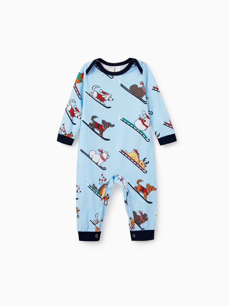 Christmas Matching Family Pajamas Set Sled Dogs Print PJS with Christmas Socks Blue