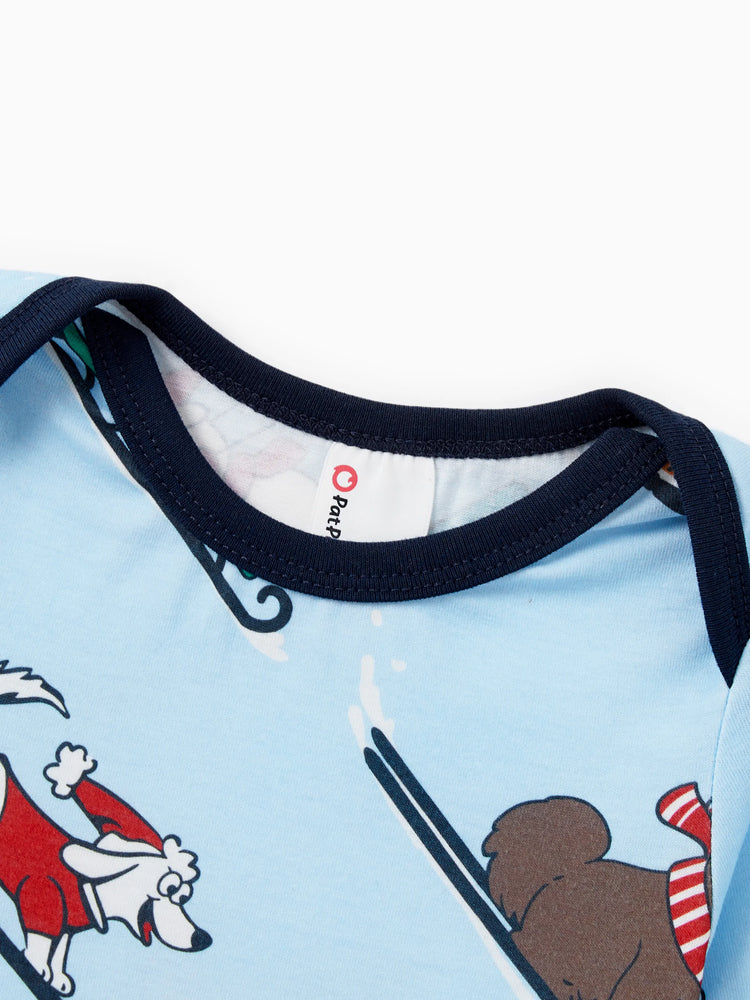 Christmas Matching Family Pajamas Set Sled Dogs Print PJS with Christmas Socks Blue