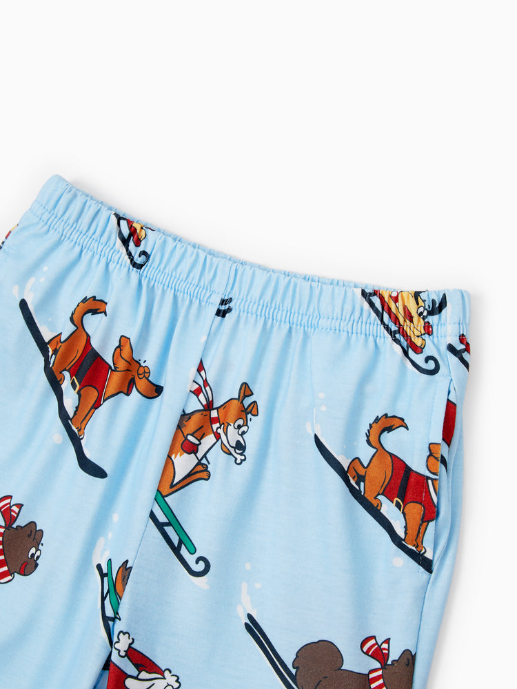 Christmas Matching Family Pajamas Set Sled Dogs Print PJS with Christmas Socks Blue