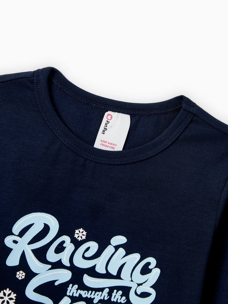 Christmas Matching Family Pajamas Set Sled Dogs Print PJS with Christmas Socks Blue