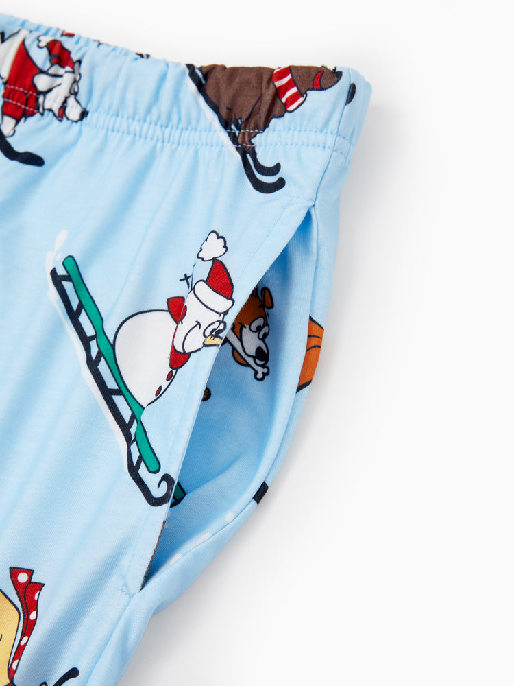 Christmas Matching Family Pajamas Set Sled Dogs Print PJS with Christmas Socks Blue