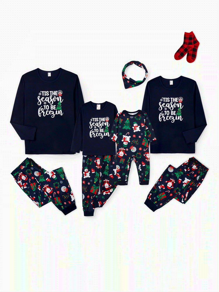 Ensemble pyjama de Noël assorti pour toute la famille, Père Noël phosphorescent, bleu foncé, avec chaussettes de Noël bleu foncé