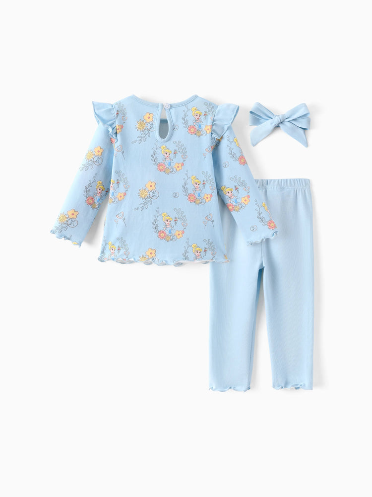 Ensemble 3 pièces Disney Princesse Cendrillon pour bébé fille, haut à volants et manches flottantes, et leggings, bleu clair