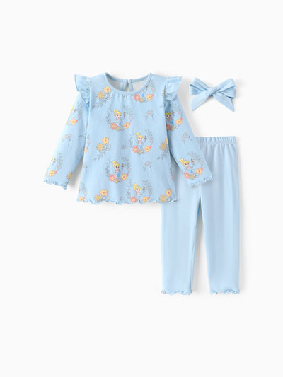 Disney Princess Baby Girl 3pcs Cinderella Ruffle Flutter-sleeve Top and Leggings Set Blue Light Blue
