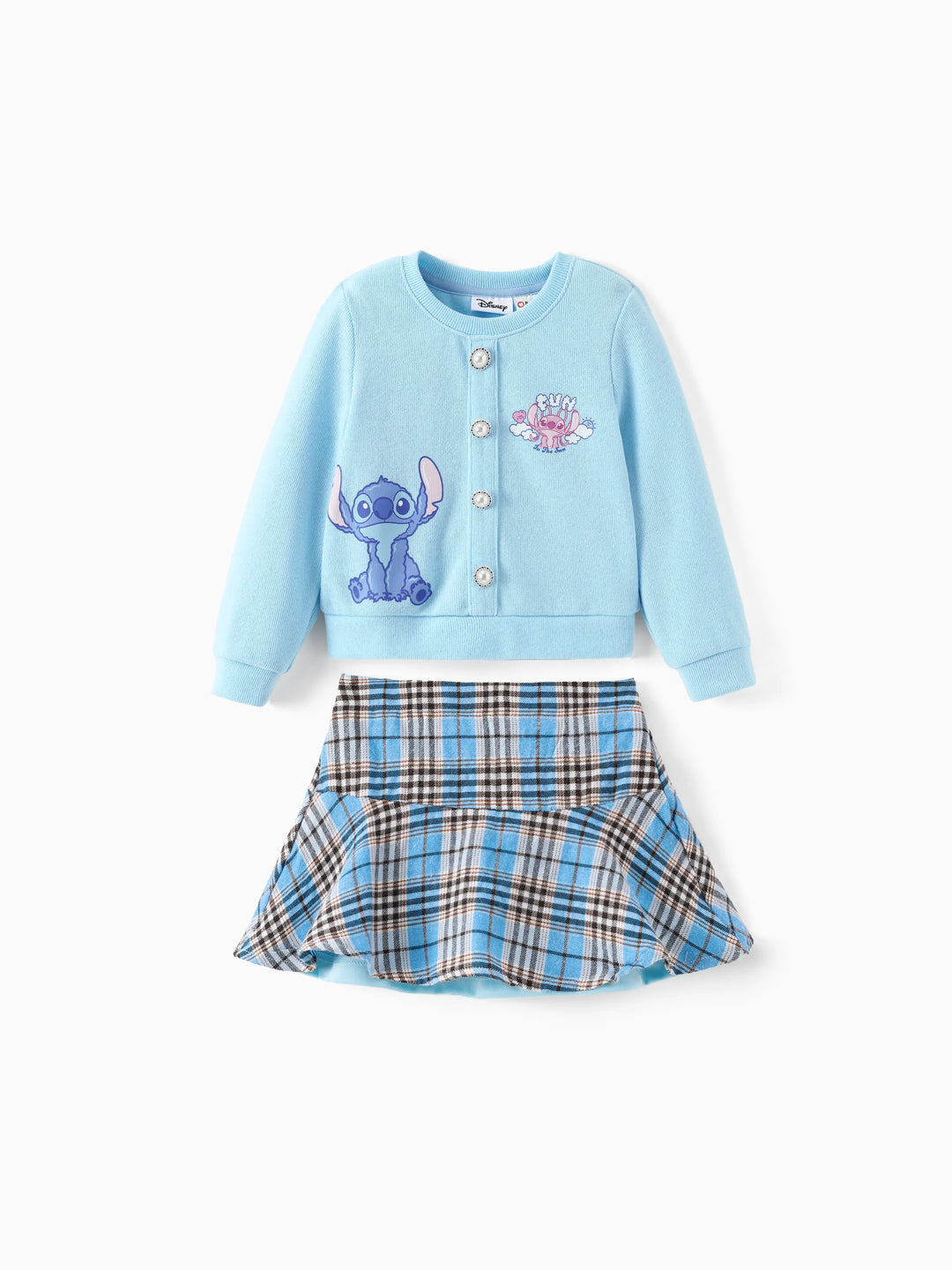 Ensemble 2 pièces Disney Stitch pour petite fille : jupe boutonnée en maille bleue