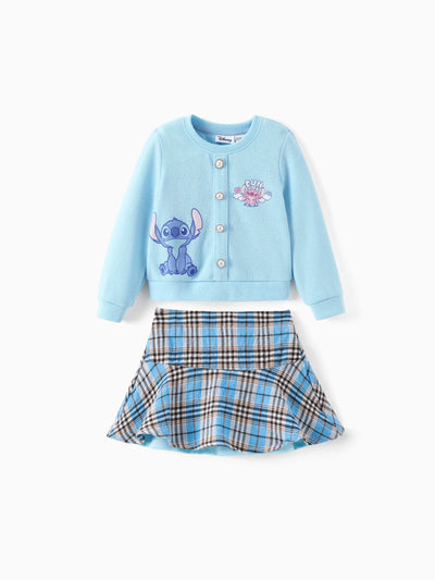 Disney Stitch Toddler/Kids Girl 2pcs Stitch Knitted Button-up Front Skirt Set Blue