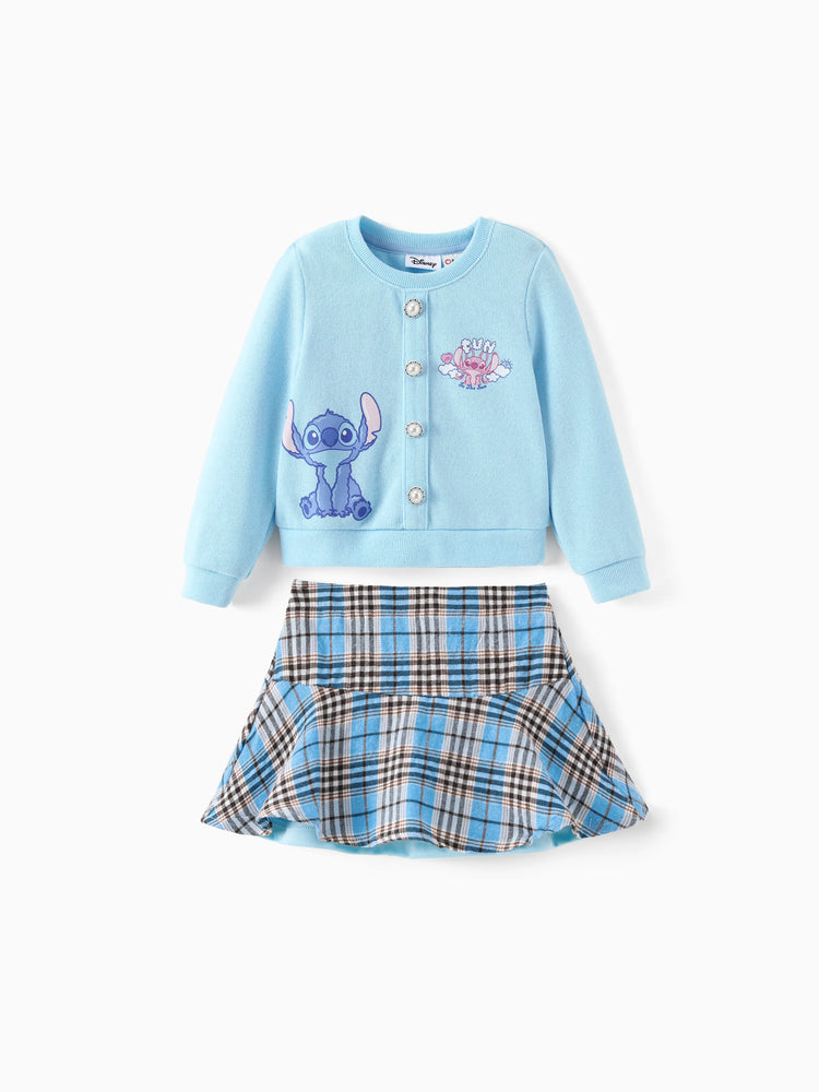 Disney Stitch Toddler/Kids Girl 2pcs Stitch Knitted Button-up Front Skirt Set Blue