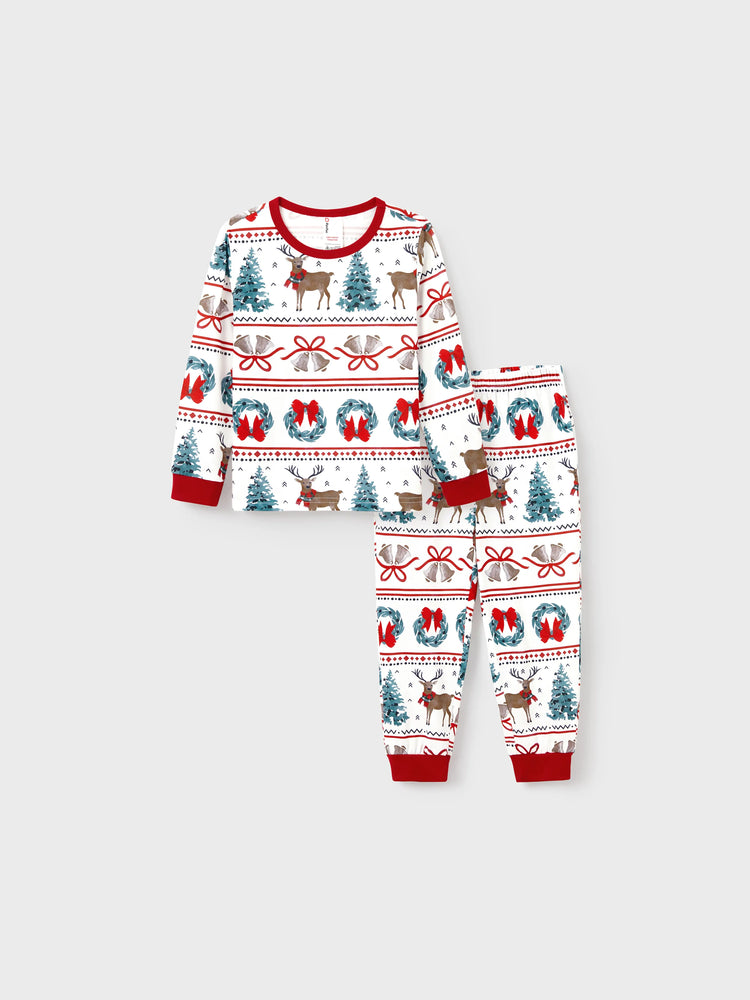 Ensemble pyjama de Noël assorti pour toute la famille, imprimé élan et clochette, rayé, avec chaussettes de Noël blanches