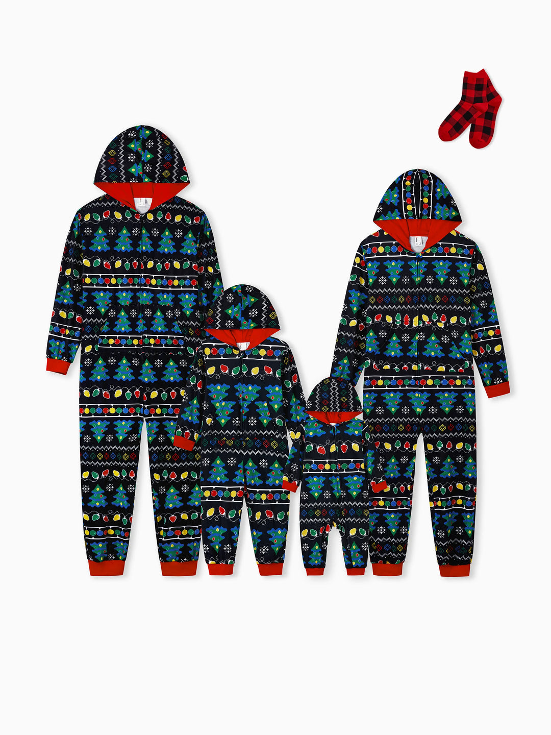 Christmas Onesies Matching Family Pajamas Set Christmas Tree Print PJS with Christmas Socks Black