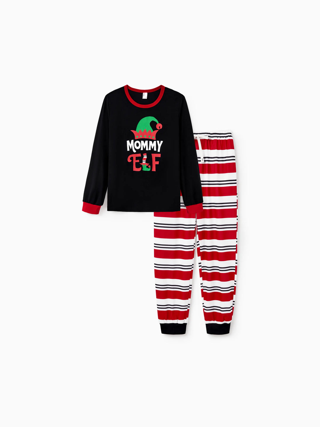 Conjunto de pijama familiar navideño a juego con estampado de elfo y calcetines navideños negros