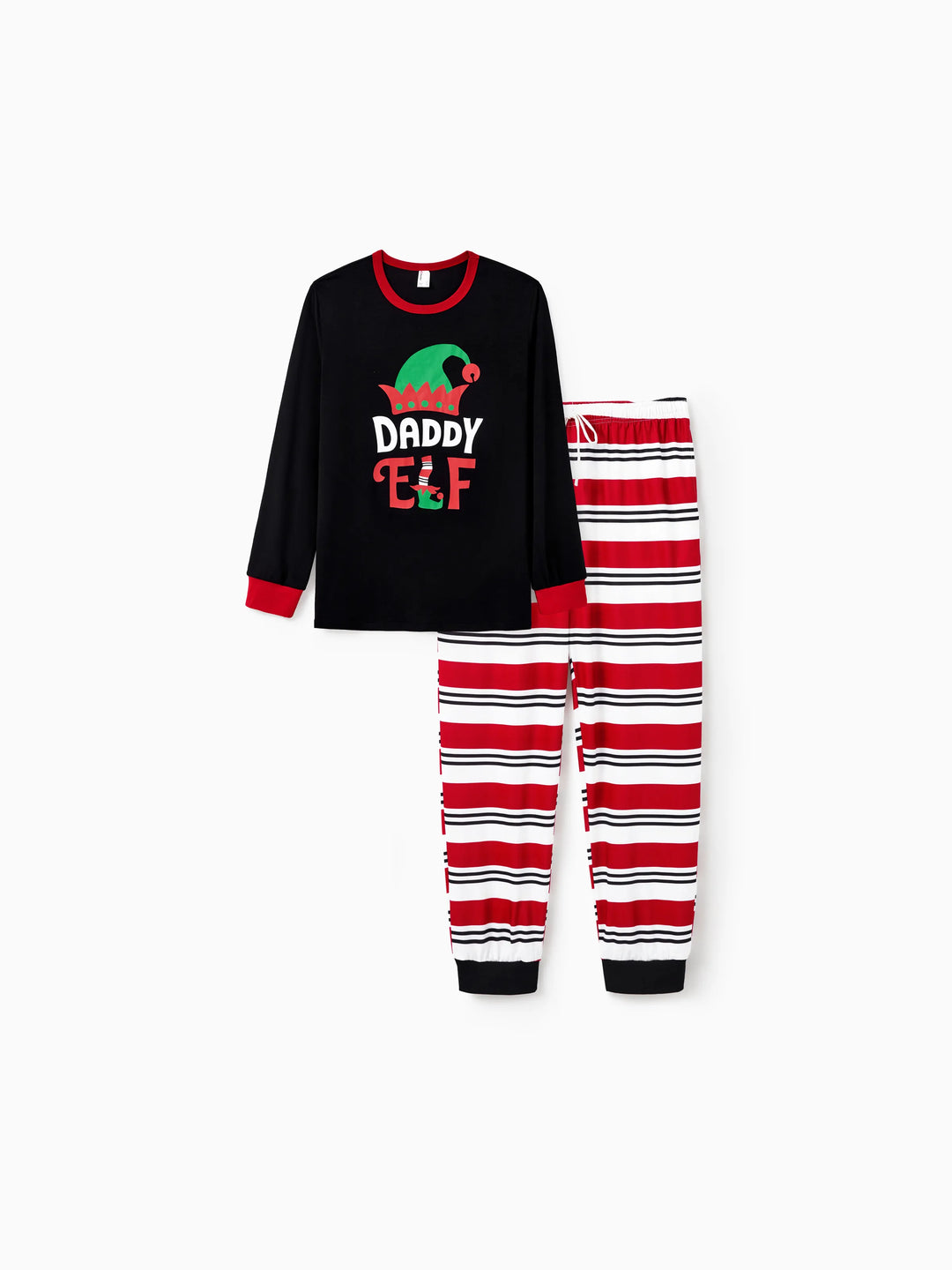 Conjunto de pijama familiar navideño a juego con estampado de elfo y calcetines navideños negros