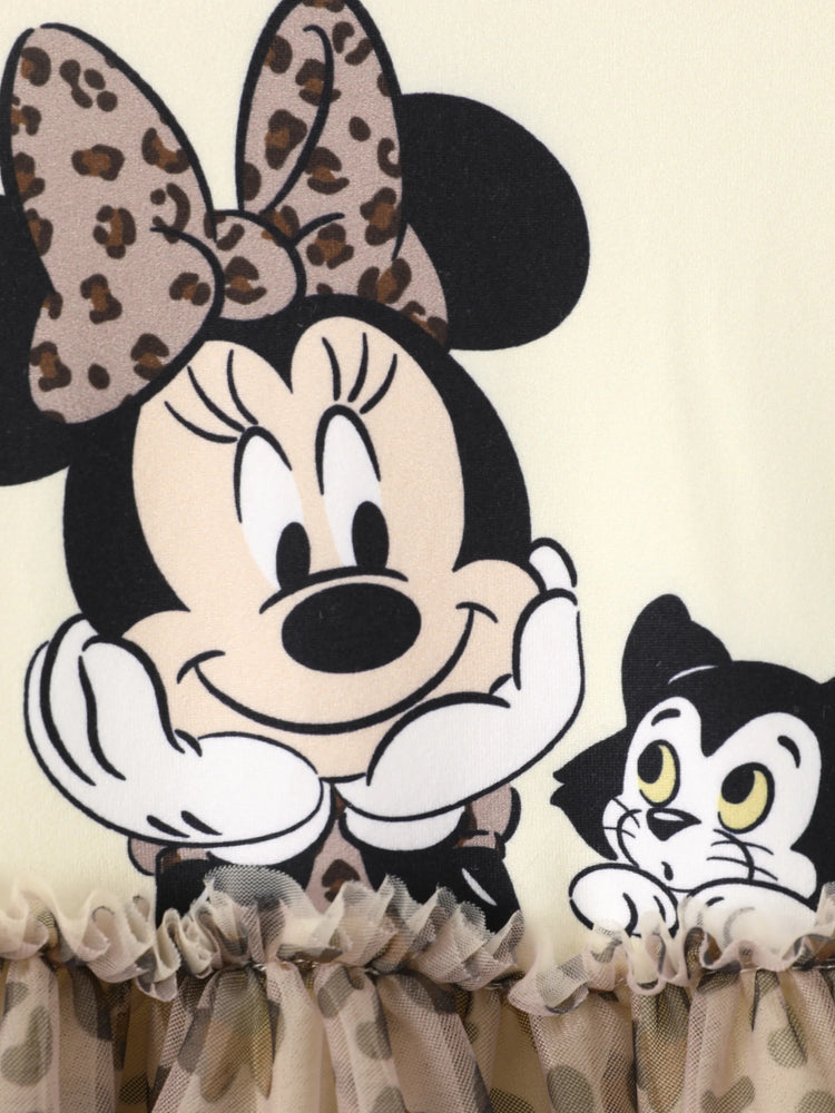 Disney Mickey and Friends Toddler Girl Christmas Minnie Mouse Graphic Long Sleeve Tulle Dress Khaki