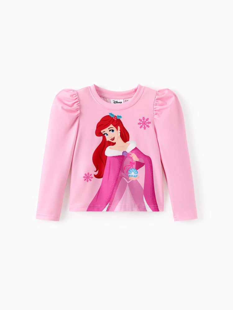 Ensemble 2 pièces princesse Disney pour petite fille, haut à manches bouffantes et jupe superposée à imprimé personnage Ariel, rose vif