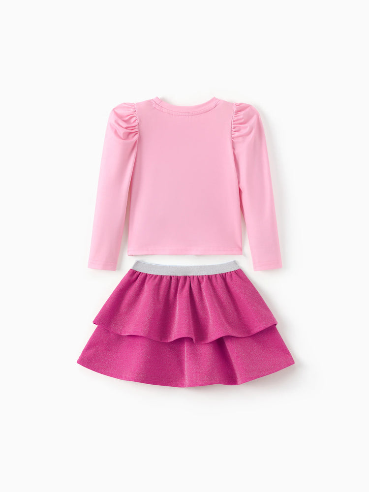 Ensemble 2 pièces princesse Disney pour petite fille, haut à manches bouffantes et jupe superposée à imprimé personnage Ariel, rose vif