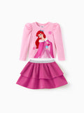 Ensemble 2 pièces princesse Disney pour petite fille, haut à manches bouffantes et jupe superposée à imprimé personnage Ariel, rose vif