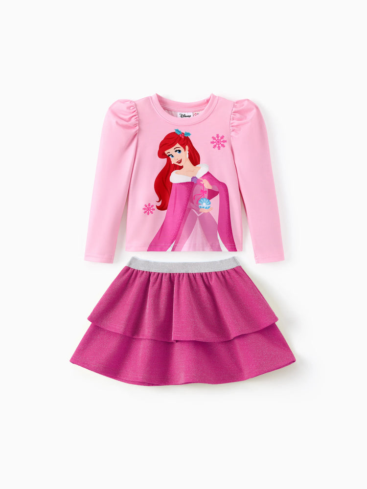 Ensemble 2 pièces princesse Disney pour petite fille, haut à manches bouffantes et jupe superposée à imprimé personnage Ariel, rose vif