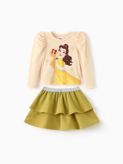 Disney Princess Toddler Girl 2pcs Belle Character Graphic Puff-sleeve Top and Layered Skirt Set Pale Yellow