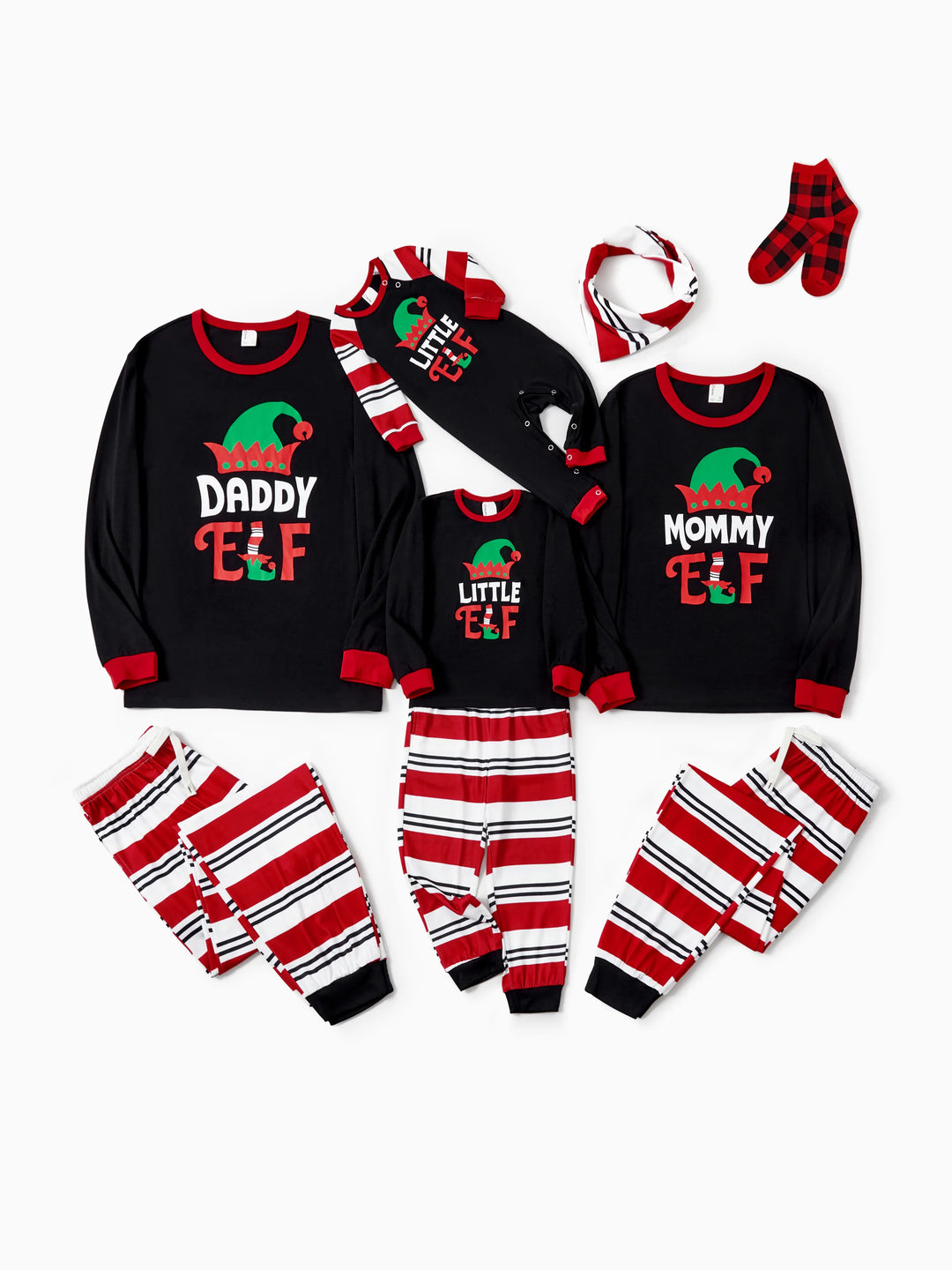 Conjunto de pijama familiar navideño a juego con estampado de elfo y calcetines navideños negros